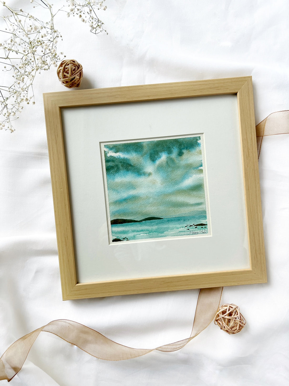 Green Skies Framed Watercolour Painting 1