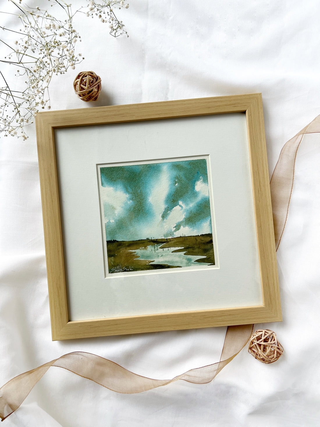 Green Skies Framed Watercolour Painting 2